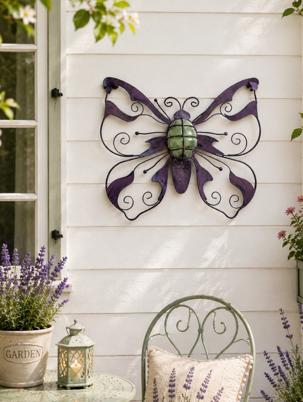 Butterfly Metal Wall Decor w/ Tealight Holder Purple Green 23” x 20”